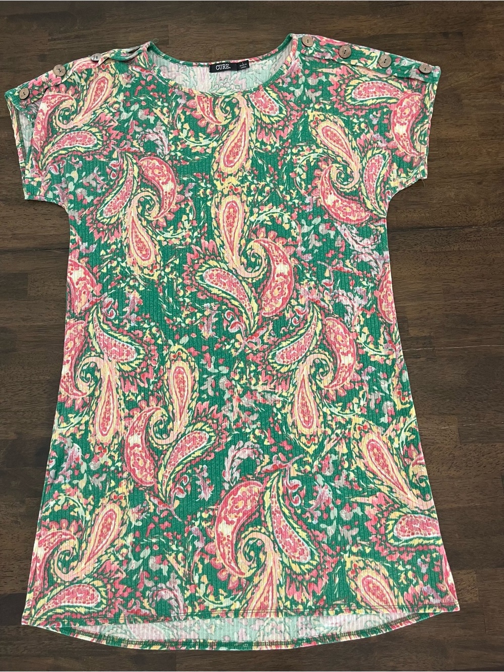 CURE. Womens Dress. Paisley Short Sleeve Mini Dress Green Pink Casual Sz Large